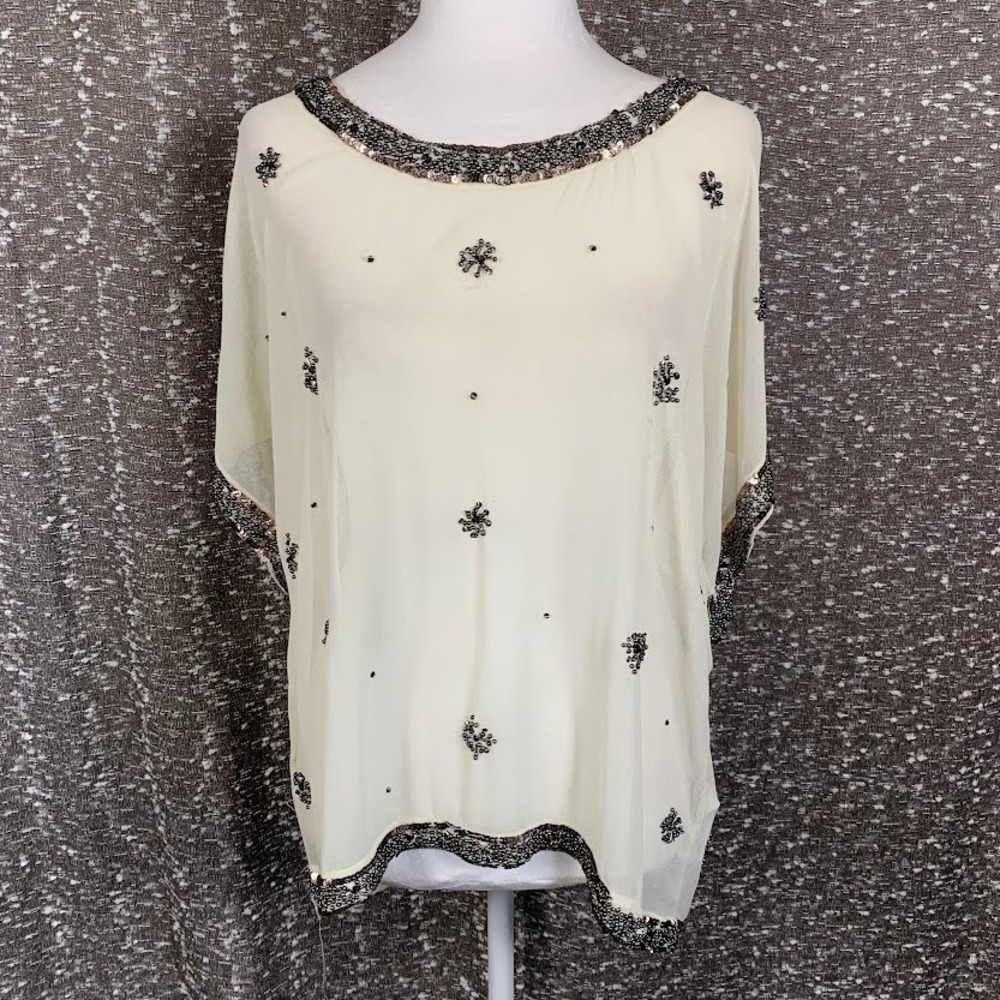 Zara Basic Ivory Beaded Sequin Chiffon Dolman Sleeve Blouse Women's Medium